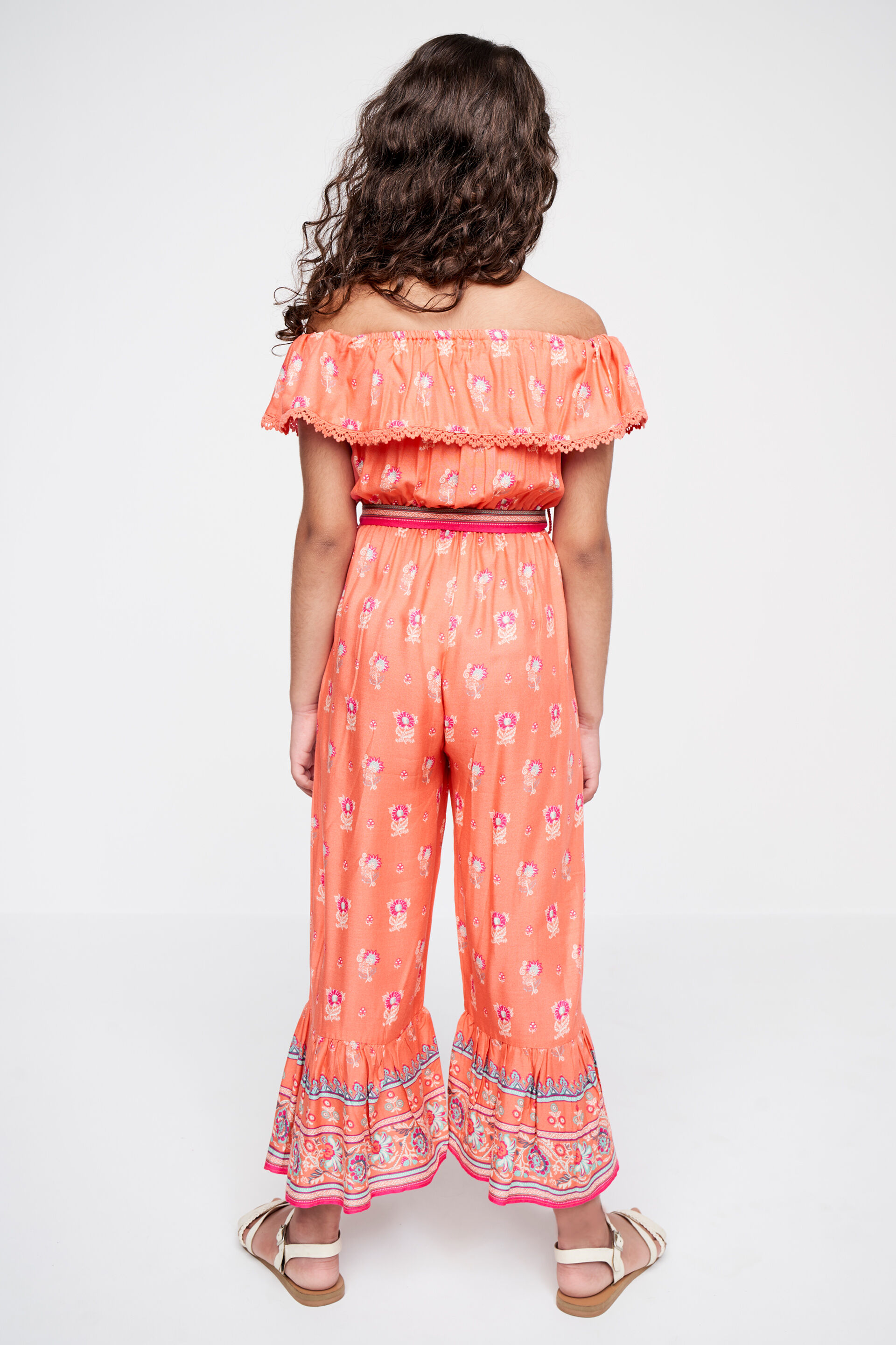 Coral Self Design Flounce Jumpsuit, Coral, image 4